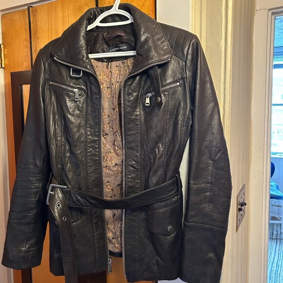 Lambskin leather belted Andrew Marc moto jacket, Small - Picture 2 of 8